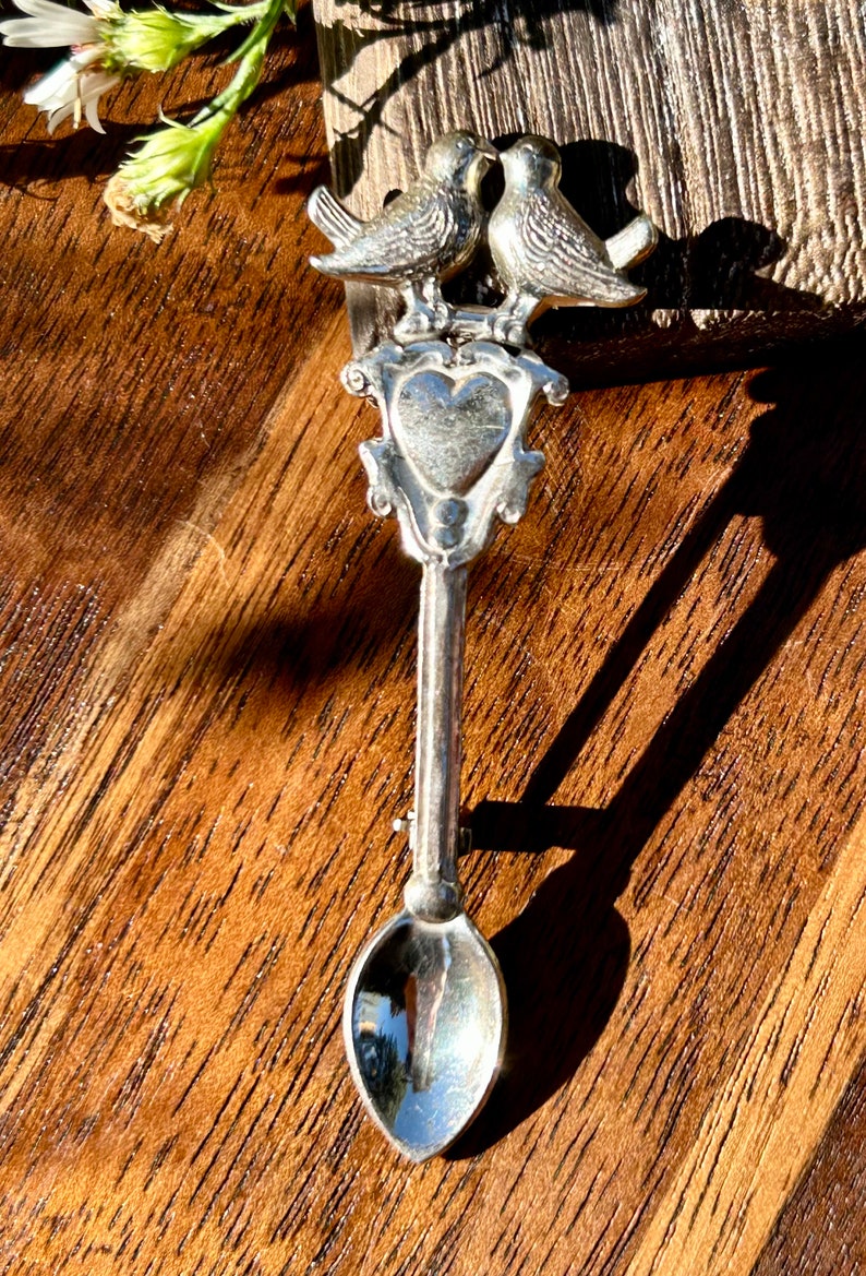Vintage Sterling Silver Spoon Brooch Heart Love Birds Mid Century Lapel Pin Retro 1940s 1950s Unisex Gender Neutral Jewelry image 2