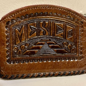 Hand punziert Leder Geldbörse Mexiko Mayan handgefertigt Souvenir Vintage Retro