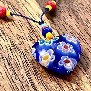 Millefiori Beaded Necklace Blue Heart Glass Pendant Hand Knotted Beads Vintage Estate Jewelry image 8