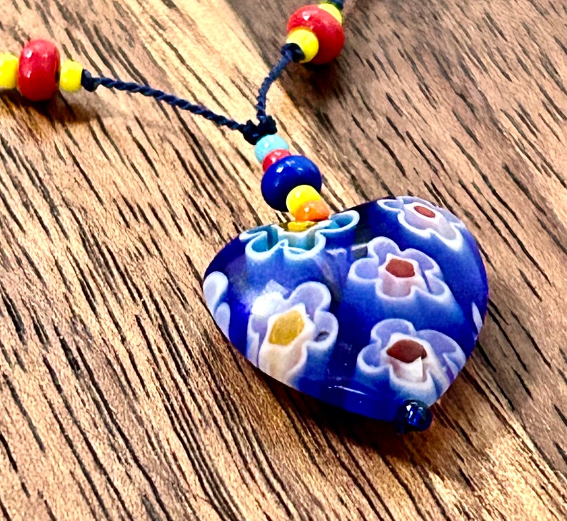 Millefiori Beaded Necklace Blue Heart Glass Pendant Hand Knotted Beads Vintage Estate Jewelry image 8