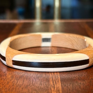Vintage Kunststoff Teak Holz Armband Creme Braun Vintage Retro Modeschmuck