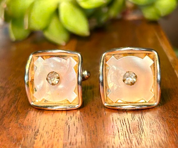 Vintage Mother Of Pearl Rhinestone Cufflinks Retr… - image 6