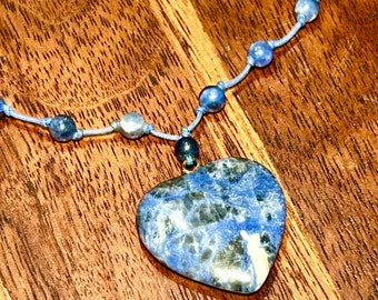 Blue Stone Beaded Necklace Heart Pendant Hand Knotted Avon