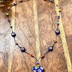 Millefiori Beaded Necklace Blue Heart Glass Pendant Hand Knotted Beads Vintage Estate Jewelry image 3