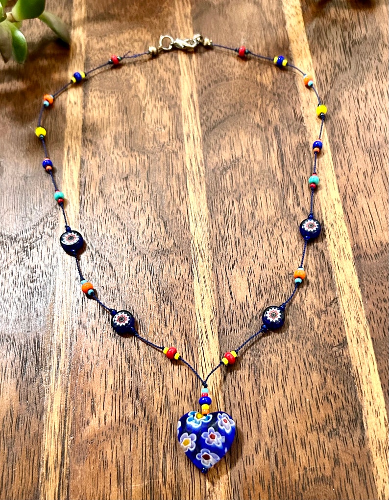 Millefiori Beaded Necklace Blue Heart Glass Pendant Hand Knotted Beads Vintage Estate Jewelry image 3