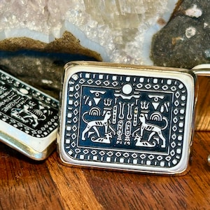 Vintage Hieroglyphics Cuff Link & Tie Bar Mens Jewelry Set Mid Century Retro Egyptian Revival