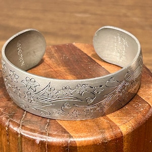 Vintage Open Cuff Floral Bracelet Leonard Pewter Narcissus Vines Flowers