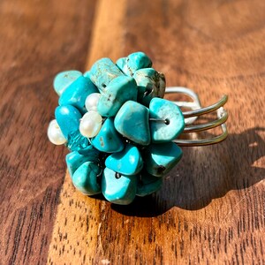 Turquoise Nugget Fresh Water Pearl Blue Gemstone Ring Handmade Jewelry Cluster Ring Vintage Retro Cocktail Statement Adjustable Ring Gift image 2