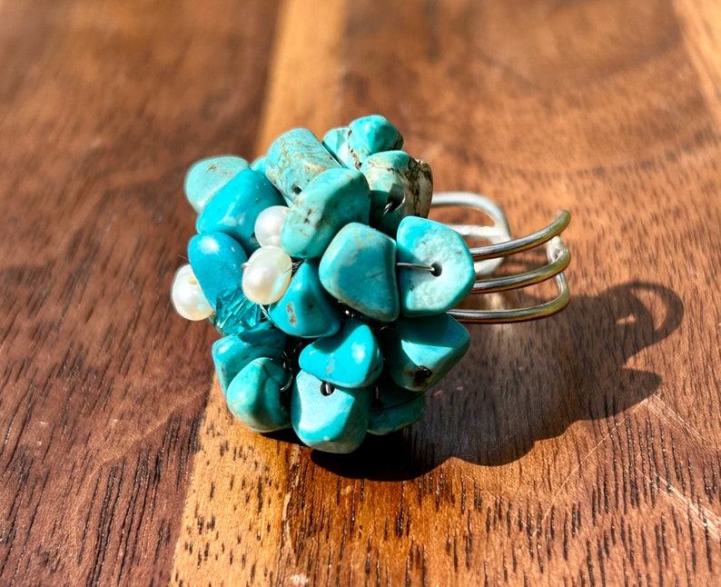 Turquoise Nugget Fresh Water Pearl Blue Gemstone Ring Handmade Jewelry Cluster Ring Vintage Retro Cocktail Statement Adjustable Ring Gift image 2