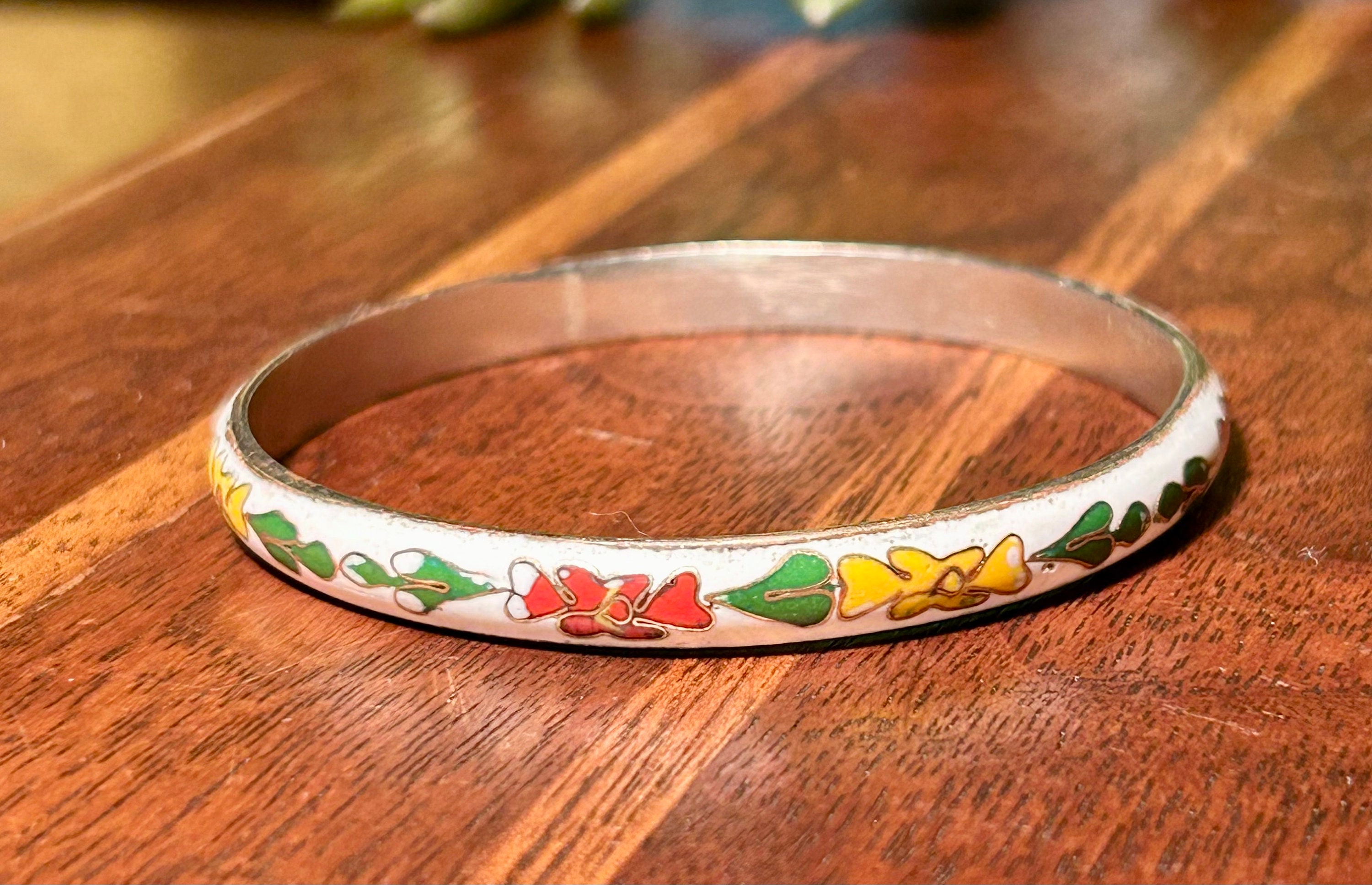 ヴィンテージ七宝焼きバングル ブレスレット エナメル花植物モチーフ
