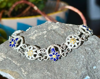 Vintage Flower Bracelet Enamel Blue White Yellow Retro Jewelry Gift