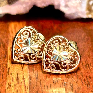 Vintage Gold Tone Sterling Silver Filigree Heart Stud Earrings Retro Jewelry Gift image 7