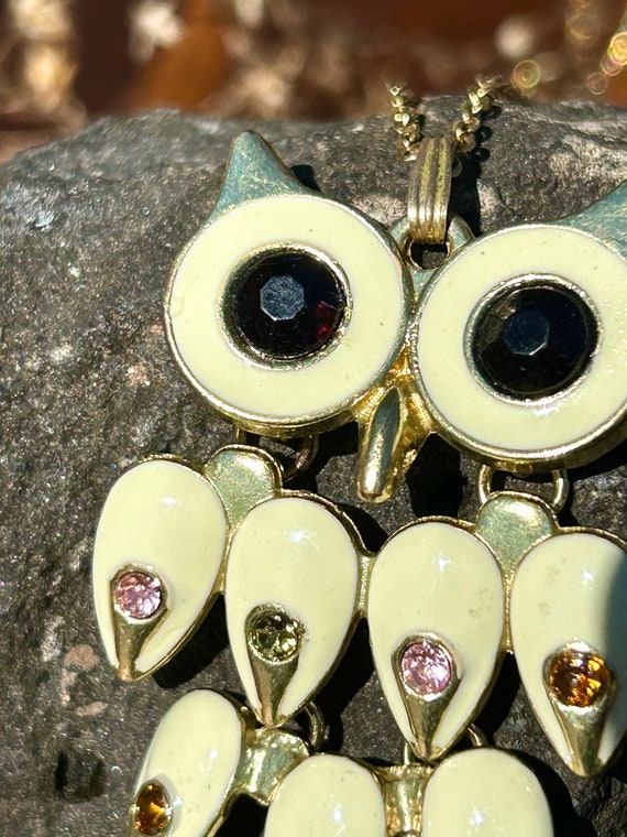 Vintage Owl Pendant Necklace Multi Color Gemstone… - image 7