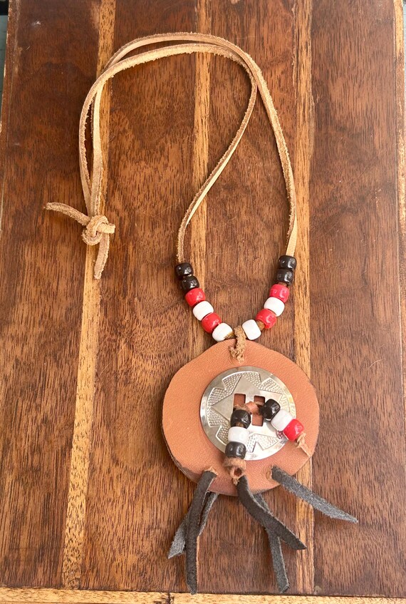Vintage Beaded Leather Pendant Necklace Native American Handmade