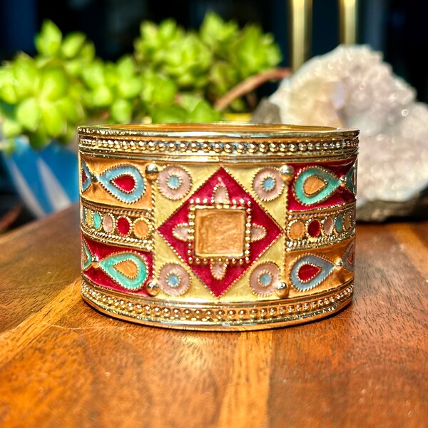 Vintage Enamel Cloisonne Hinged Cuff Bracelet Colorful Egyptian Revival Retro Art Deco Gift