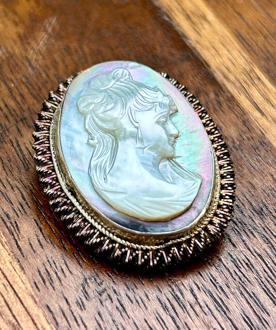 Vintage Mother Of Pearl Cameo 800 Silver Brooch P… - image 3