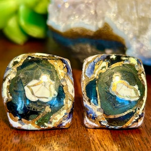 Vintage Cufflinks Ceramic Gold Leaf Mid Century Modern Handmade Jewelry Retro Gift