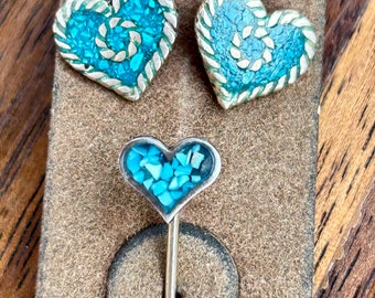 Sterling Silver Turquoise Chip Heart Stud Earrings & Pin Vintage Taxco GA01