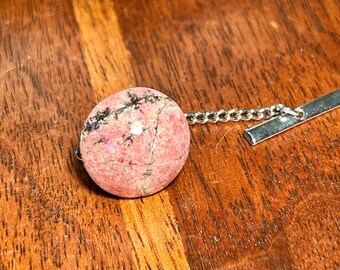 Vintage Gemstone Tie Tack Pin Rhodonite Pink Stone Retro Mens Jewelry 50s 60s Unisex Gender Neutral Fashion