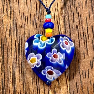 Millefiori Beaded Necklace Blue Heart Glass Pendant Hand Knotted Beads Vintage Estate Jewelry image 4