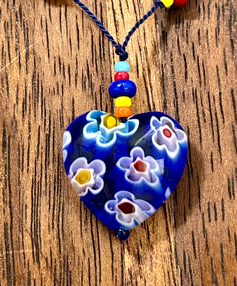 Millefiori Beaded Necklace Blue Heart Glass Pendant Hand Knotted Beads Vintage Estate Jewelry image 4
