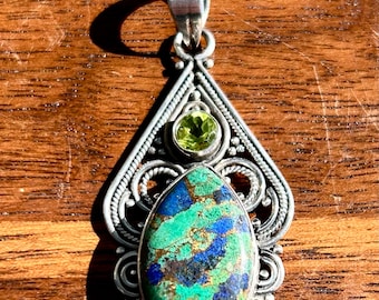 Sterling Silver Azurite Pendant Peridot Handmade Artisan Jewelry Vintage 925