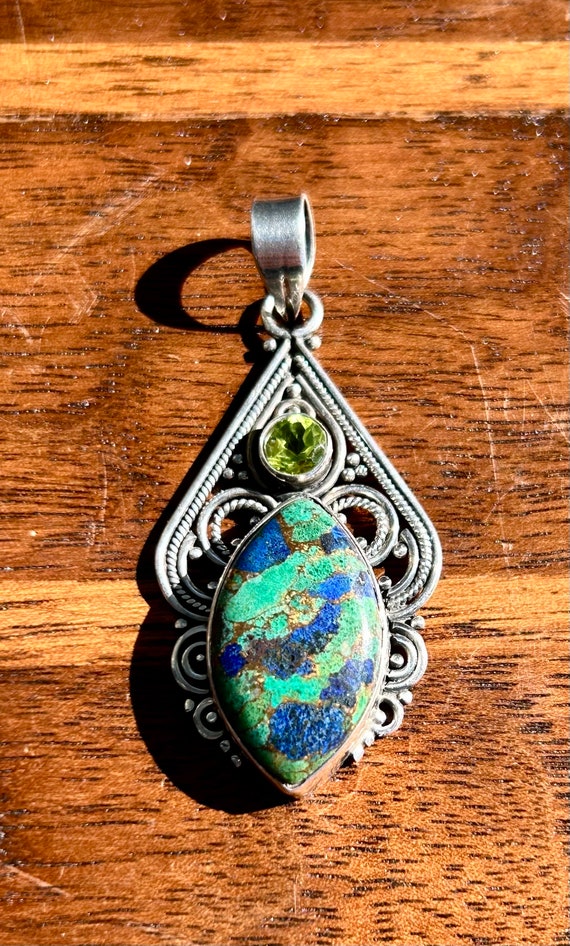 Sterling Silver Azurite Pendant Peridot Handmade A