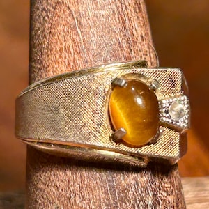 Espo 18k HGE Mens Ring Tigers Eye Rhinestone Yellow Gold Vintage Retro Jewelry
