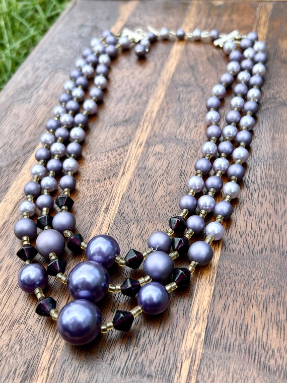 Vintage Purple Faux Pearl Necklace Triple Strand … - image 2