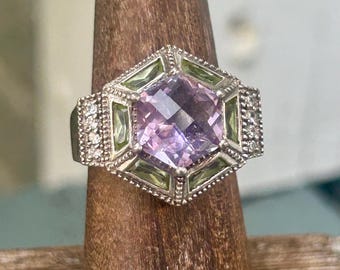 Sterling Silver Ring With Green And Purple Stone Vintage Ornate Retro Size 7 Art Deco