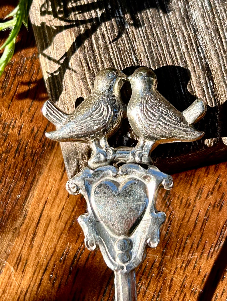Vintage Sterling Silver Spoon Brooch Heart Love Birds Mid Century Lapel Pin Retro 1940s 1950s Unisex Gender Neutral Jewelry image 3