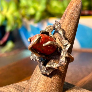 Handgemaakte Brutalist Ring Rode Steen Edelsteen Jasper Handgemaakt Modern Vintage afbeelding 3