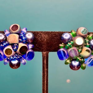 West German Crystal Clip On Earrings Vintage Blue Green Germany Retro Jewelry