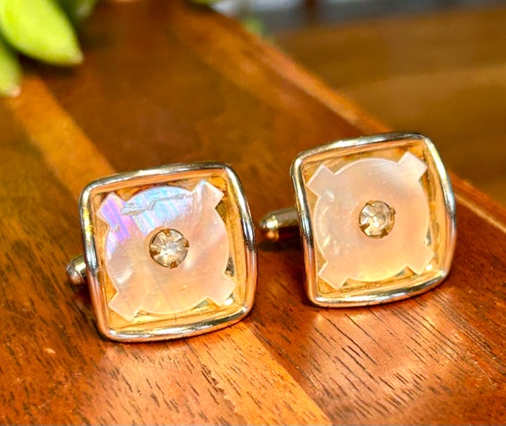 Vintage Mother Of Pearl Rhinestone Cufflinks Retr… - image 2