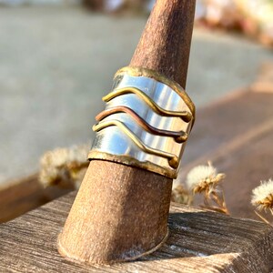 Vintage Mixed Metal Art Ring Artisan Handmade Copper Brass Silver Tone Retro Jewelry Boho Modern Fashion image 4