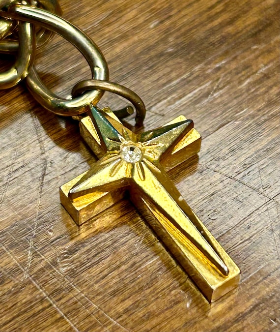 Chain Link Bracelet Cross Charm Gold Tone Metal R… - image 1