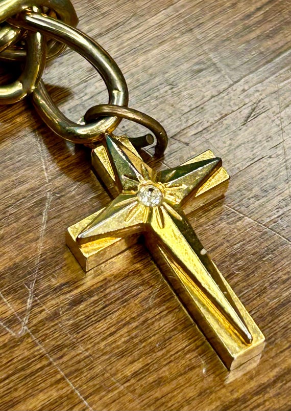 Chain Link Bracelet Cross Charm Gold Tone Metal R… - image 3