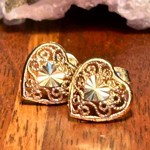 Vintage Gold Tone Sterling Silver Filigree Heart Stud Earrings Retro Jewelry Gift image 8