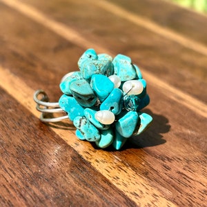 Turquoise Nugget Fresh Water Pearl Blue Gemstone Ring Handmade Jewelry Cluster Ring Vintage Retro Cocktail Statement Adjustable Ring Gift image 3