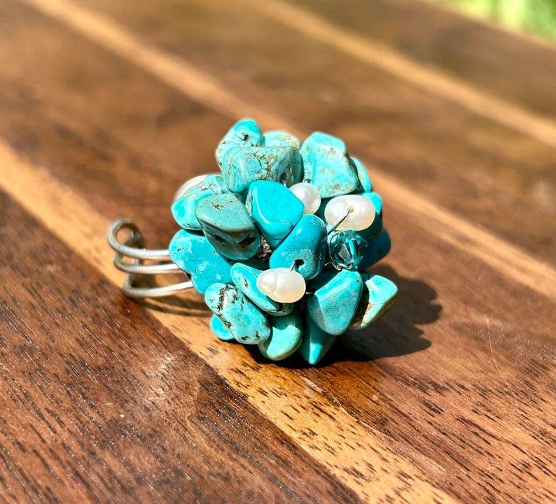 Turquoise Nugget Fresh Water Pearl Blue Gemstone Ring Handmade Jewelry Cluster Ring Vintage Retro Cocktail Statement Adjustable Ring Gift image 3