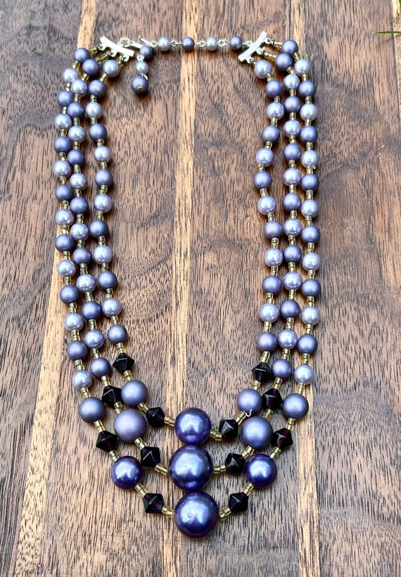 Vintage Purple Faux Pearl Necklace Triple Strand … - image 9