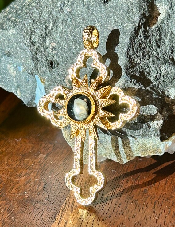 Gold Plated Cross Relic Stone From Bethlehem Vint… - image 5