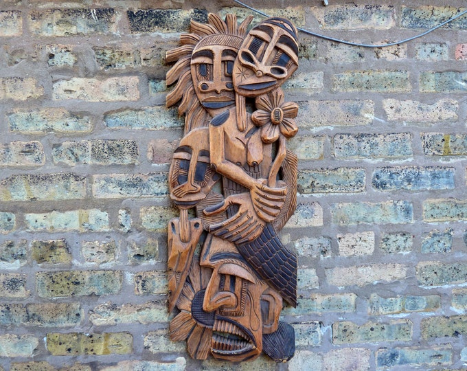 Vintage Hand Carved Wooden Tiki Wall Hanging Mid Century 1960s Signed