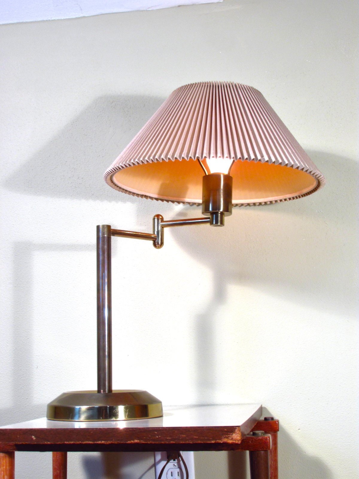 Vintage Stiffel Lamp Solid Brass Swing Arm Table W Original Shade And Finial