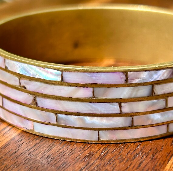 Mother of Pearl Brass Bracelet Inlaid Semi Precious Stone Shell