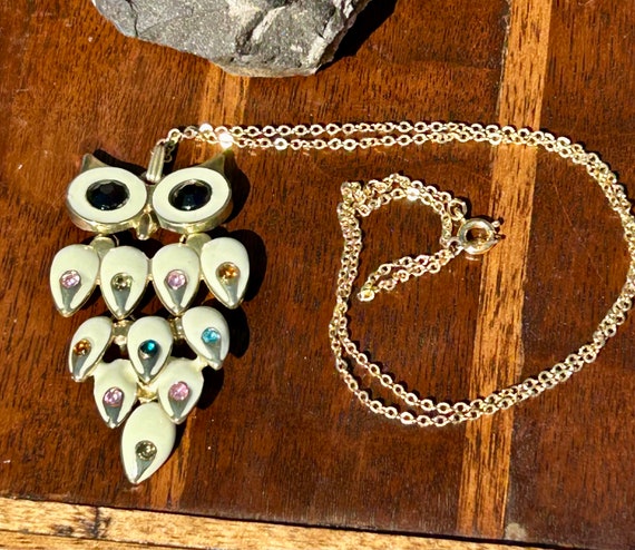 Vintage Owl Pendant Necklace Multi Color Gemstone… - image 3