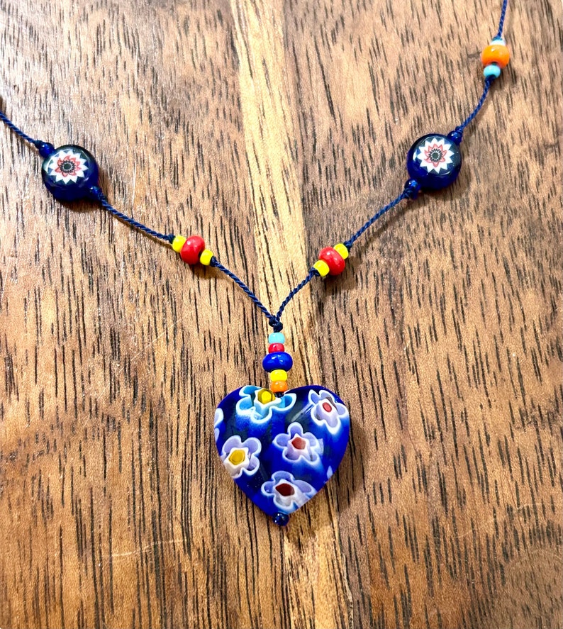 Millefiori Beaded Necklace Blue Heart Glass Pendant Hand Knotted Beads Vintage Estate Jewelry image 1