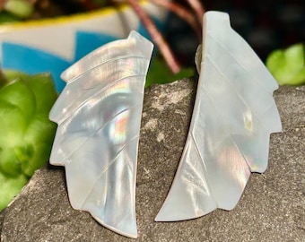 Carved Mother Of Pearl Wing Earrings Vintage Pierced Ear Jewelry Shell Handmade