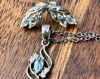 Vintage Sterling Silver Blue Topaz Rhinestone Jewelry Set Necklace Earrings Avon