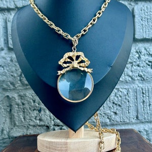 Vintage Magnifying Glass Pendant Necklace Carolee Jewelry Gold Tone Bow Retro Fashion Jewelry image 1
